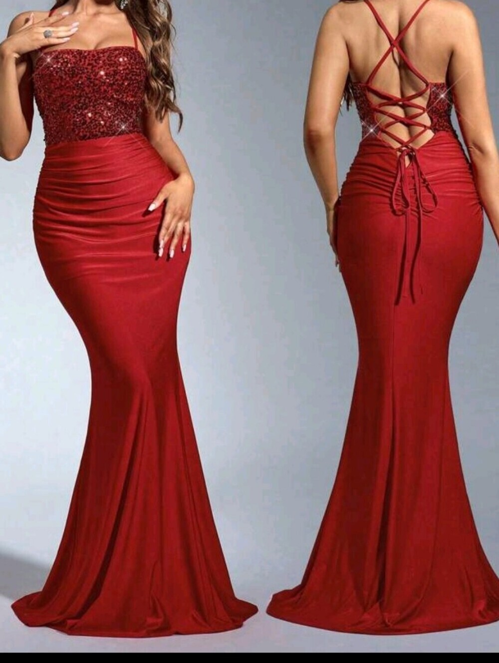 Red Sequin Lace-Up Back Evening Gown